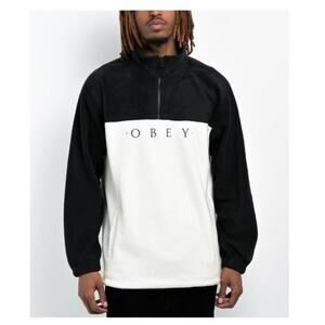 Obey Mens Black and White Fleece Pullover 1/4‎ Zip Small